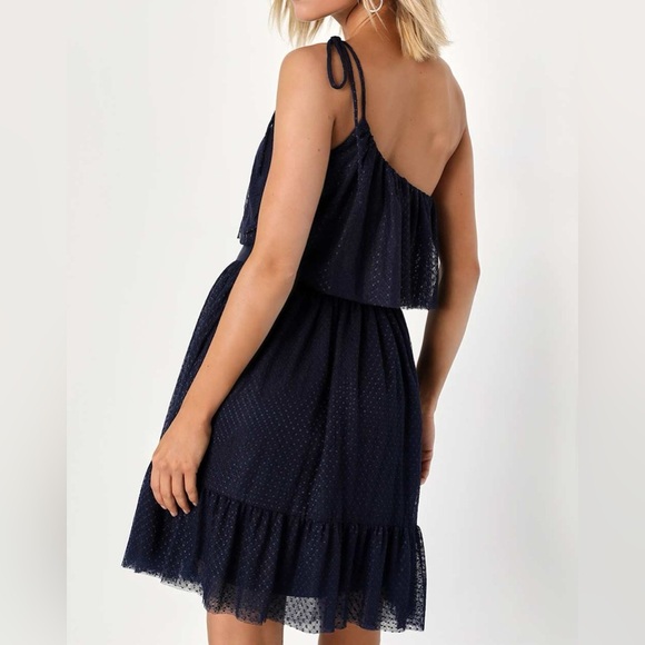 Lulus- NWT Navy Mesh One-Shoulder Mini Dress size Small - Picture 4 of 16
